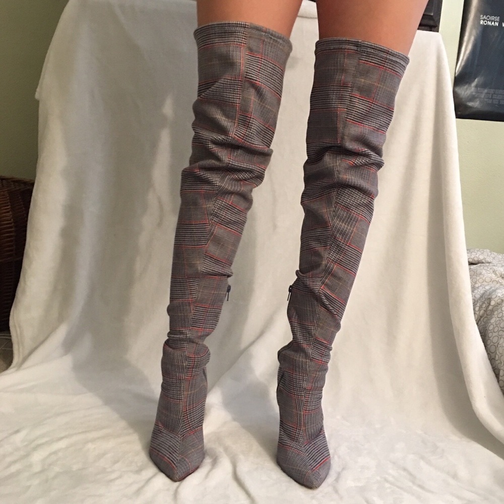 Plaid thigh high stretchy heels